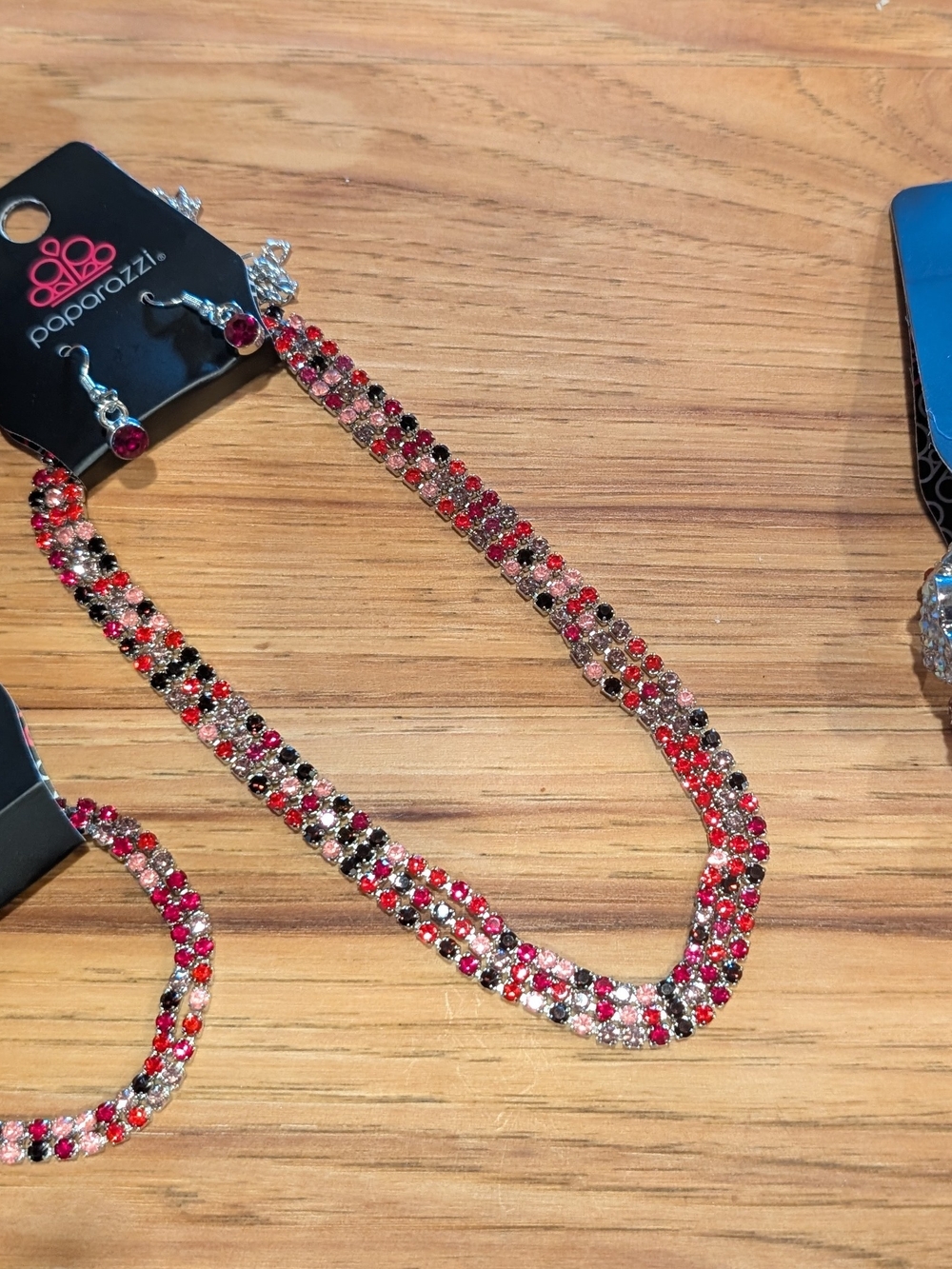paparazzi Red Pink and Black Sparkling Triple-Row Necklace And Double Bracelet